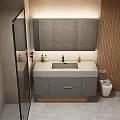 Modern Bathroom Interior Featuring Double Vanity Gray Cabinets Wooden Wall Mirror Hair Dryer And Toiletries