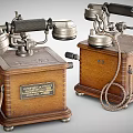 Vintage Telephones With Wooden Cases Metal Parts And Coiled Telephone Lines