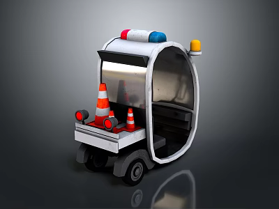 Small Modern Vehicle With Red Blue Emergency Lights And Orange Traffic Cones 3d model