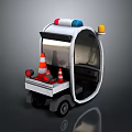Small Modern Vehicle With Red Blue Emergency Lights And Orange Traffic Cones