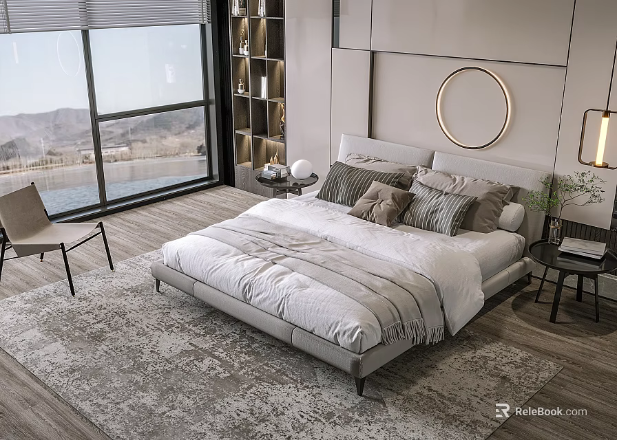 Modern Double Bed Bedroom Interior Design With Pillows Round Mirror And Area Rug 3d model 