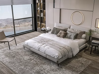 Modern Double Bed Bedroom Interior Design With Pillows Round Mirror And Area Rug 3d model