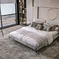 Modern Double Bed Bedroom Interior Design With Pillows Round Mirror And Area Rug