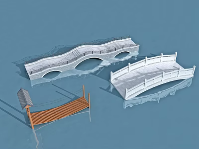Different Types of Bridges Featuring Arch Wooden and White Flat Designs on Water 3d model