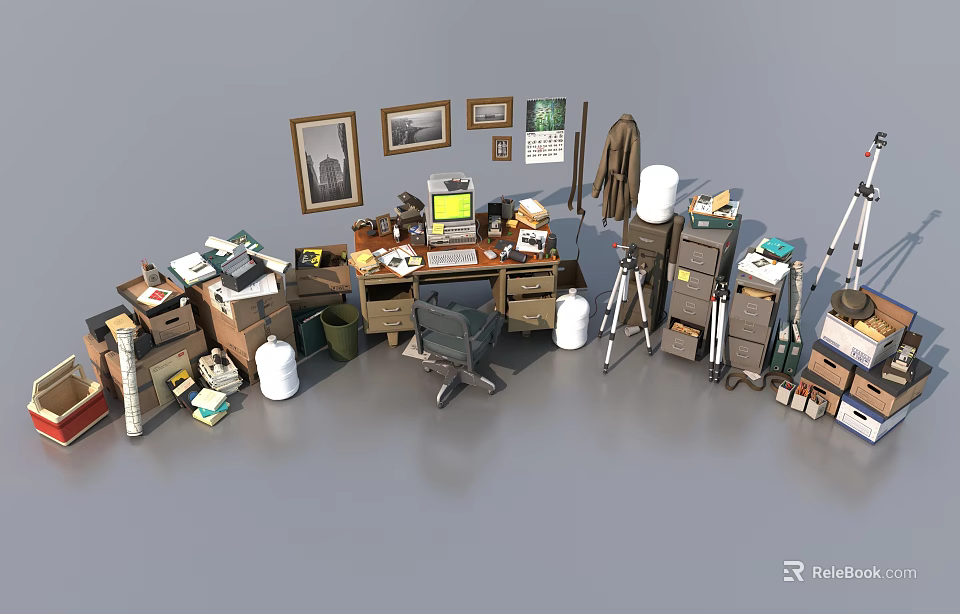 Organized Workspace Desk And Chair Set With Documents Boxes Framed Pictures Tripod And Computer 3d model 