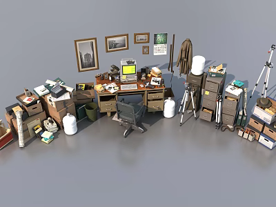 Organized Workspace Desk And Chair Set With Documents Boxes Framed Pictures Tripod And Computer 3d model