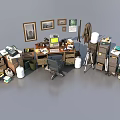 Organized Workspace Desk And Chair Set With Documents Boxes Framed Pictures Tripod And Computer
