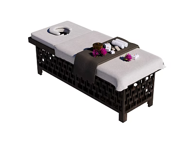 Comfortable Massage Bed With Brown Frame Soft Cushion Face Hole Towels And Flowers 3d model