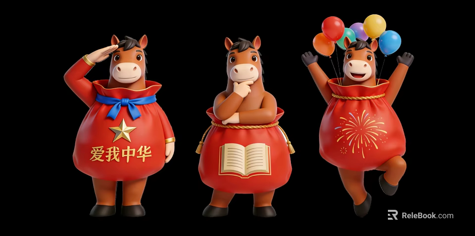 Adorable Horse Themed Pendant With Red Bags Star Book Balloons And Fireworks 3d model 