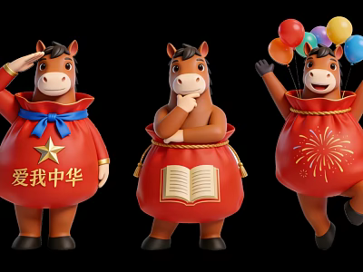 Adorable Horse Themed Pendant With Red Bags Star Book Balloons And Fireworks 3d model
