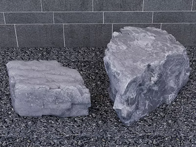 Natural Stone and Wood Decor Elements with Gravel Ground and Brick Wall Background 3d model