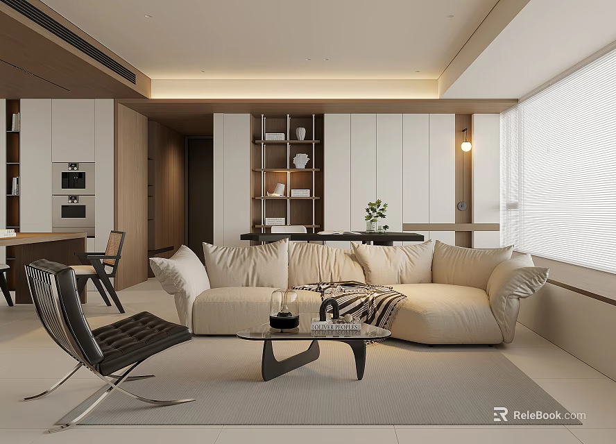 Modern Minimalist Living Room Interior With Beige Sofa Black Chair Coffee Table And Large Window 3d model 