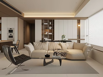 Modern Minimalist Living Room Interior With Beige Sofa Black Chair Coffee Table And Large Window 3d model