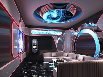 Modern KTV Interior Design With Neon Lights Comfortable Sofa And LED Entertainment Screens 3d model