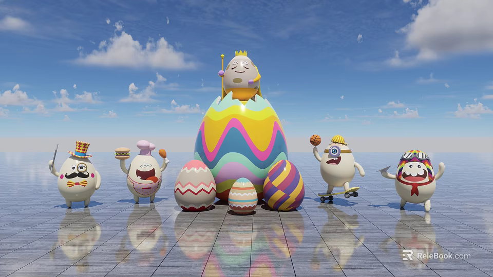 Giant Colorful Easter Egg Photo Spot With Cartoon Characters Blue Sky And Reflective Floor 3d model 
