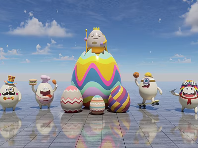Giant Colorful Easter Egg Photo Spot With Cartoon Characters Blue Sky And Reflective Floor 3d model