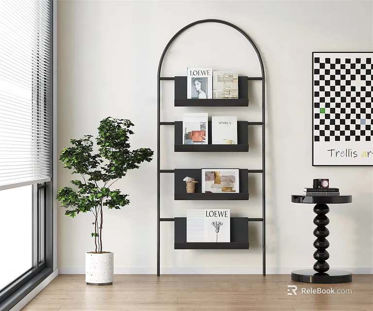 Black Curved Display Shelving In Modern Interior With Books Plants And Decor 3d model 