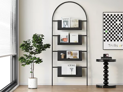 Black Curved Display Shelving In Modern Interior With Books Plants And Decor 3d model