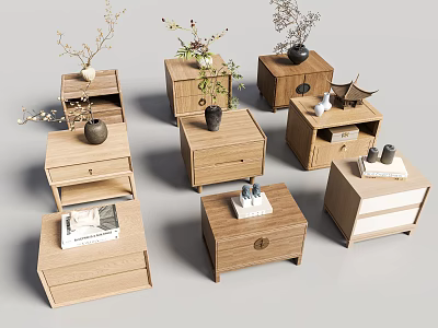 Wooden Bedside Tables in Various Styles With Drawers Flower Vases And Books On Top 3d model
