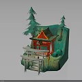 Traditional Japanese Shrine Building With Red Roof Torii Gate Green Pine Trees And Stone Steps