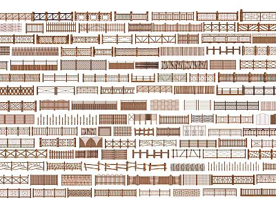 Various Wooden Fence Designs With Decorative Patterns And Railing Structures For Outdoor Gardens 3d model