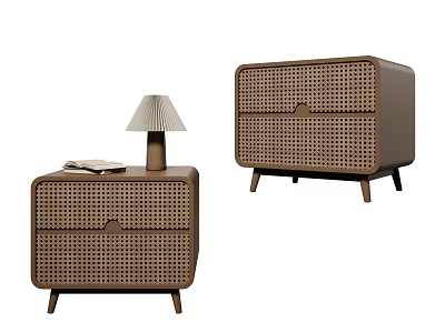 Two Modern Brown Bedside Tables With Perforated Panels And Tapered Legs 3d model