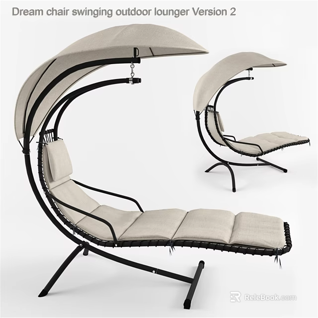 Outdoor Lounge Sofa Bench With Black Metal Frame Beige Cushion And Curved Canopy 3d model 