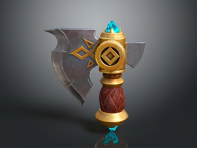 Fantasy Double Edged Battle Axe With Metal Head Golden Accents Blue Gemstones And Brown Handle 3d model
