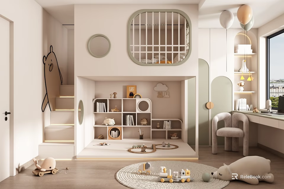 Cozy Modern Kids Room Interior With Bunk Bed Staircase Bookshelves And Toys Rug 3d model 