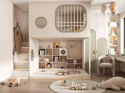Cozy Modern Kids Room Interior With Bunk Bed Staircase Bookshelves And Toys Rug 3d model