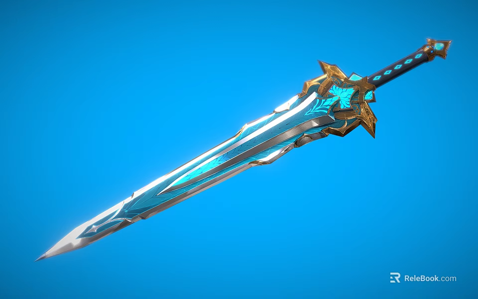 Ornate Fantasy Sword With Silver Blade Blue Accents And Golden Hilt Design 3d model 