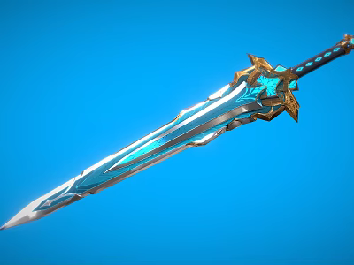 Ornate Fantasy Sword With Silver Blade Blue Accents And Golden Hilt Design 3d model Ornate Fantasy Sword With Silver Blade Blue Accents And Golden Hilt Design 3d model