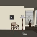 Lounge Chair Featuring Wooden Frame White Cushion Floor Lamp And Vase By Window With Blinds