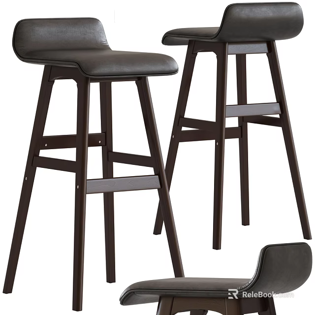 Modern Tall Bar Stools With Dark Wood Frame Leather Seat And Footrest Design 3d model 