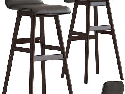 Modern Tall Bar Stools With Dark Wood Frame Leather Seat And Footrest Design 3d model