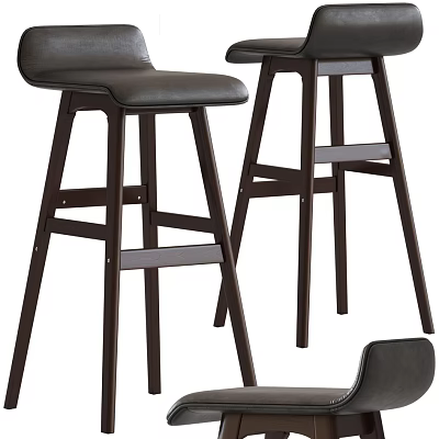 Modern Tall Bar Stools With Dark Wood Frame Leather Seat And Footrest Design 3d model