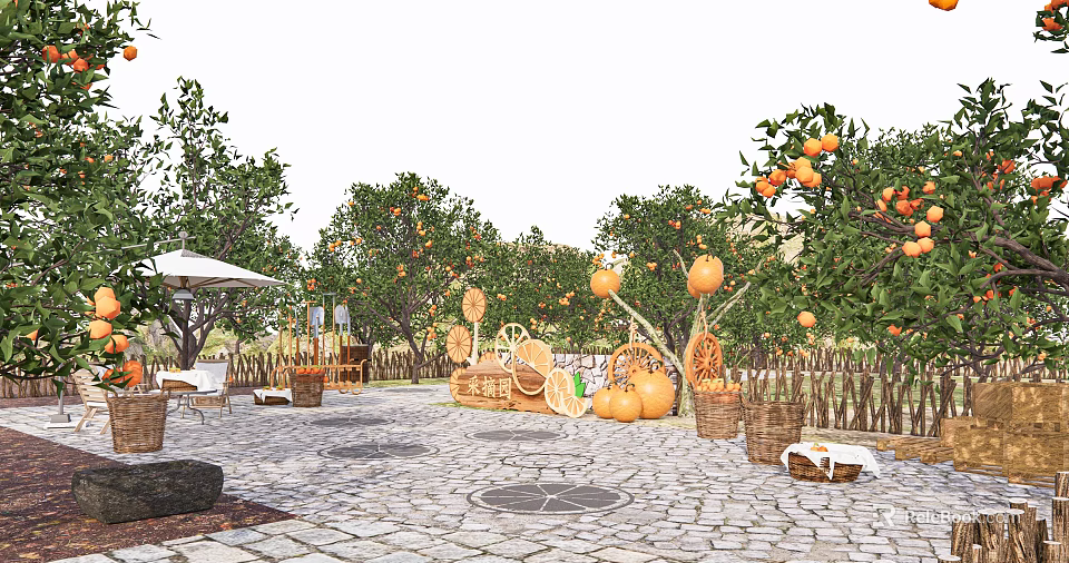 Garden Landscape Featuring Orange Trees Pumpkins Stone Paved Area And Wooden Carts 3d model 