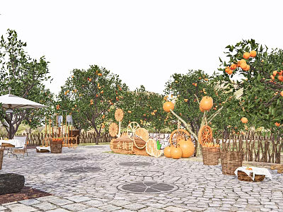 Garden Landscape Featuring Orange Trees Pumpkins Stone Paved Area And Wooden Carts 3d model