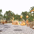 Garden Landscape Featuring Orange Trees Pumpkins Stone Paved Area And Wooden Carts