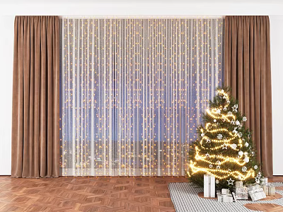 Brown Curtains And Sheer Lighted Panels With Christmas Tree Gifts On Wooden Floor 3d model