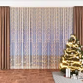 Brown Curtains And Sheer Lighted Panels With Christmas Tree Gifts On Wooden Floor