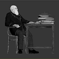 Game Movie Character White Haired Bearded Sitting At Wooden Desk With Stacked Papers And Books