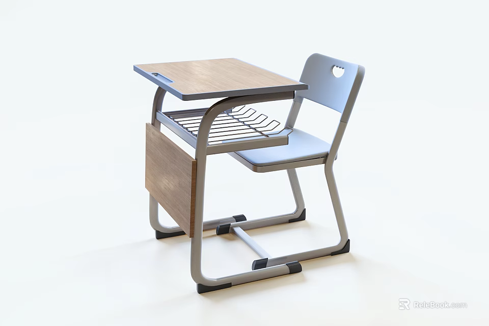 Simple Wooden Desk With Metal Frame Matching Chair And Storage Shelf 3d model 