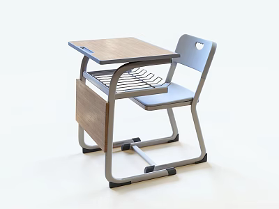 Simple Wooden Desk With Metal Frame Matching Chair And Storage Shelf 3d model