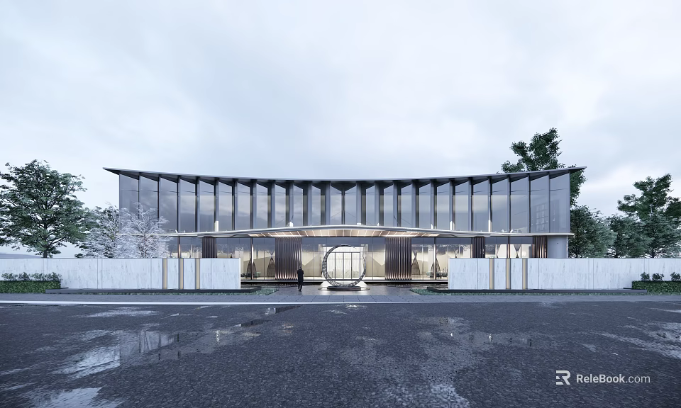 Modern Architectural Exterior With Glass Curtain Walls Central Entrance Surrounding Trees And Wet Pavement 3d model