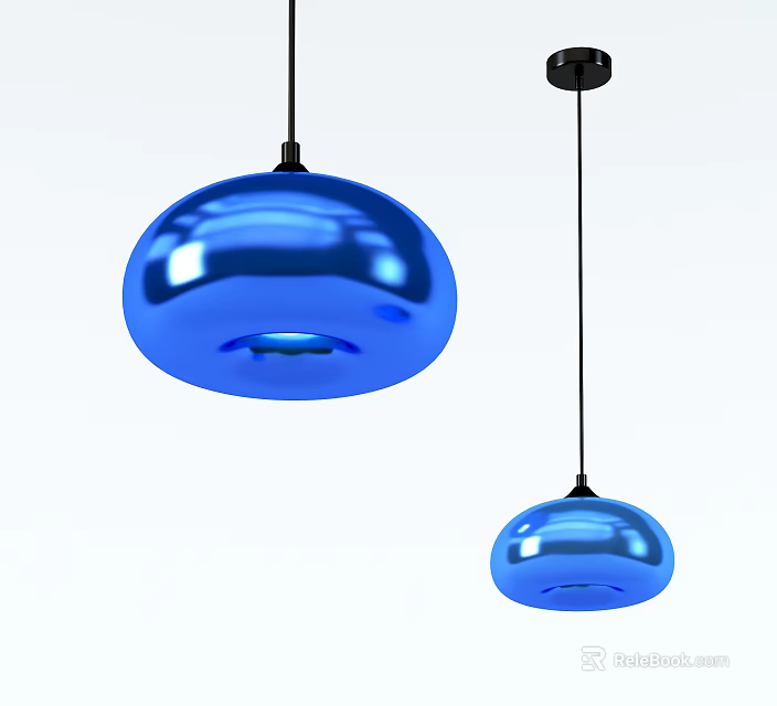 Two Modern Shiny Blue Pendant Lights Hanging In White Background 3d model