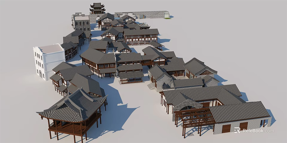 Traditional Chinese Commercial Street With Ancient Architecture Wooden Structures And Gray Tiled Roofs 3d model 