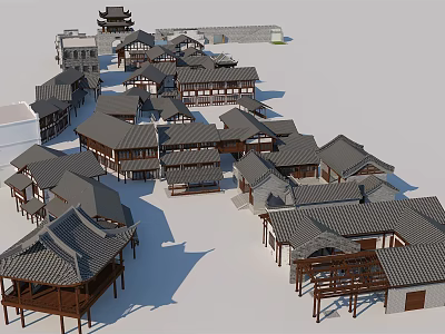 Traditional Chinese Commercial Street With Ancient Architecture Wooden Structures And Gray Tiled Roofs 3d model