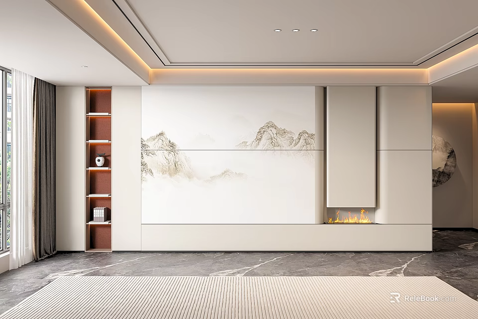 Modern Elegant Sofa Background Wall With Mountain Landscape Painting Built-in Niche And Fireplace 3d model 