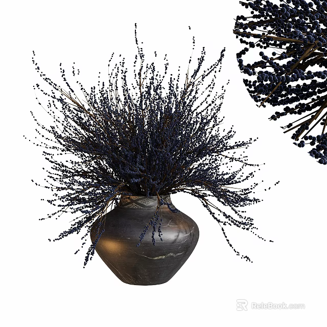 Dark Ceramic Vase With Dried Purple Flowers For Home Decor Accent 3d model 